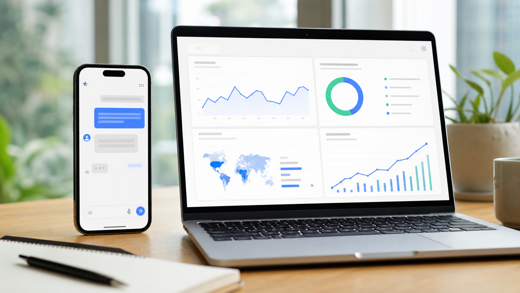A large mobile AI conversation interface beside a clean dashboard of user, search and cloud growth indicators