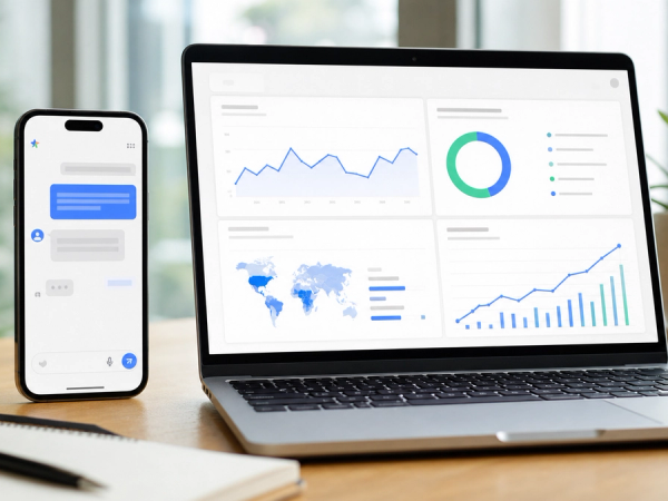 A large mobile AI conversation interface beside a clean dashboard of user, search and cloud growth indicators