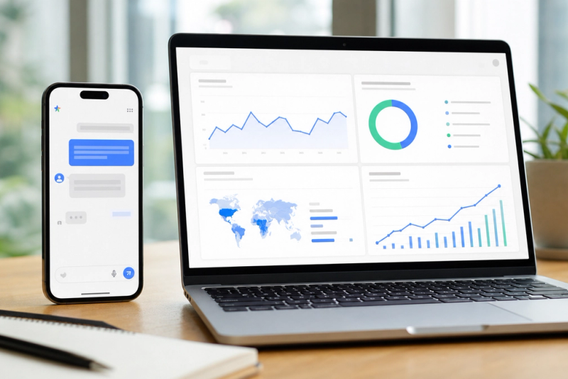 A large mobile AI conversation interface beside a clean dashboard of user, search and cloud growth indicators