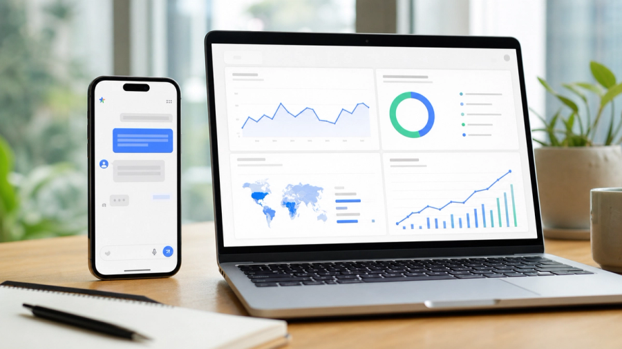 A large mobile AI conversation interface beside a clean dashboard of user, search and cloud growth indicators