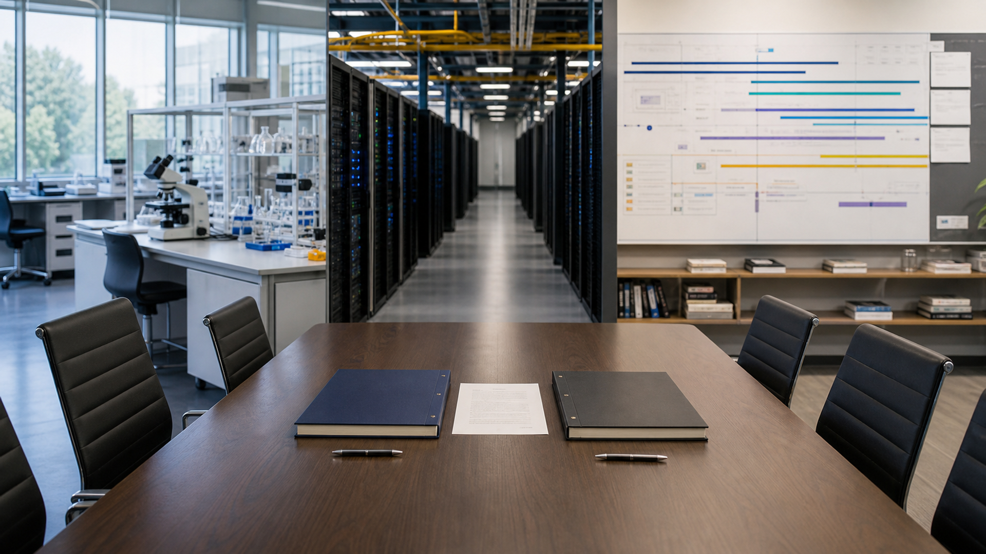 AI research organisation leadership handover connecting a boardroom, laboratory and compute team