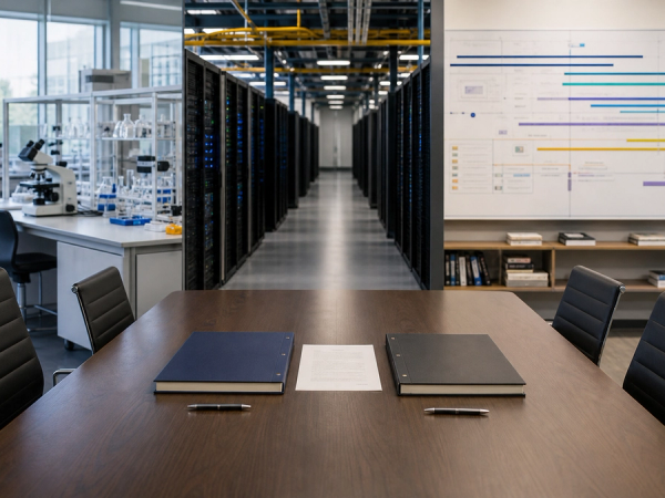 AI research organisation leadership handover connecting a boardroom, laboratory and compute team