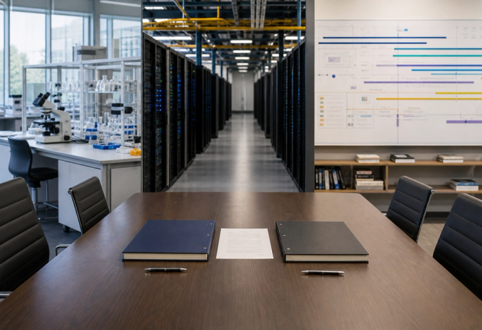 AI research organisation leadership handover connecting a boardroom, laboratory and compute team