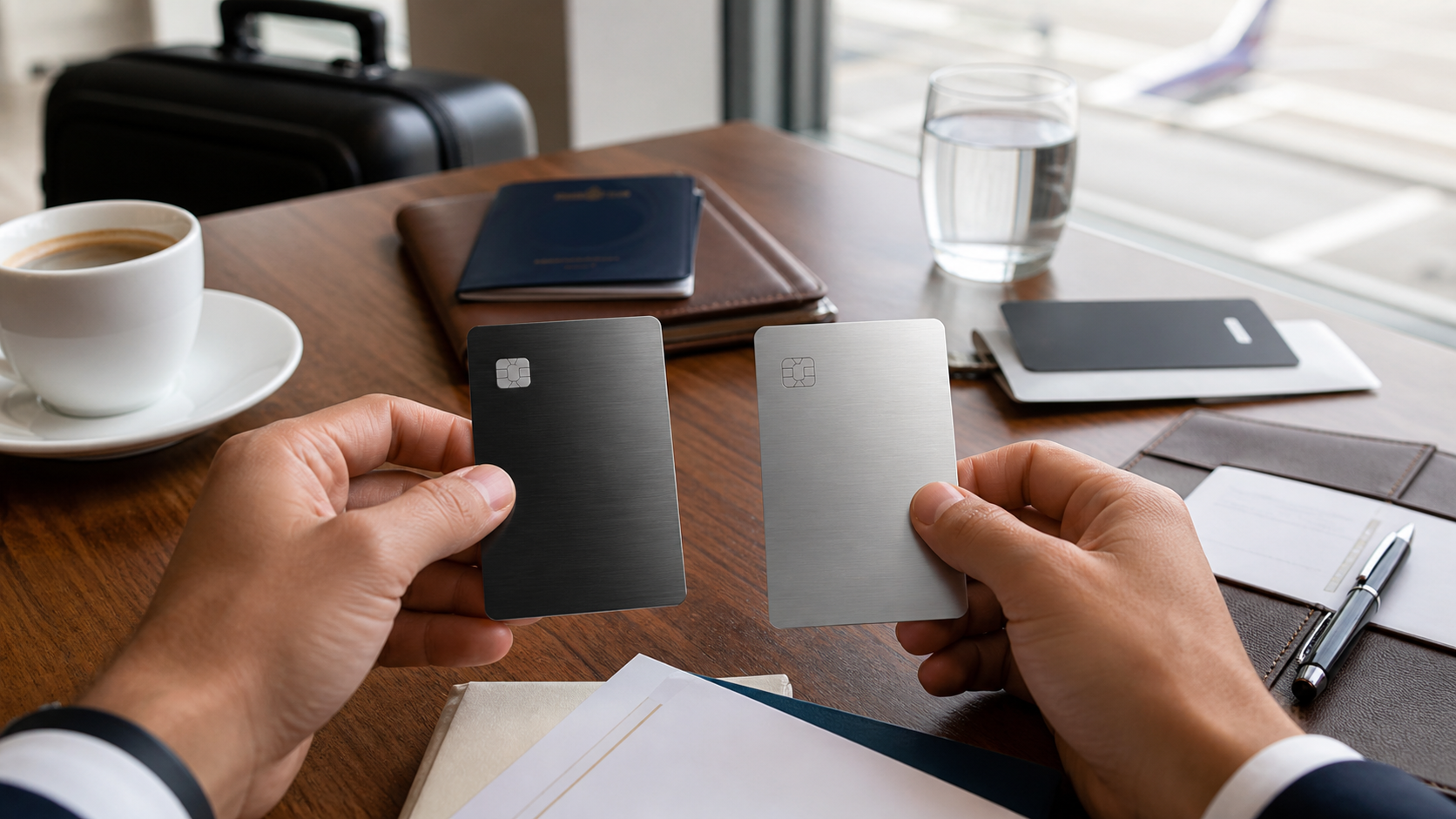 Two premium travel-card propositions compared on an executive desk