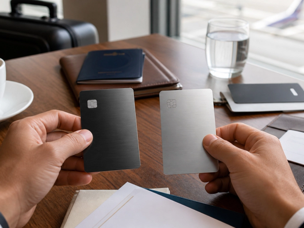Two premium travel-card propositions compared on an executive desk