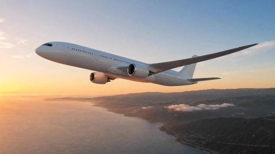 An unbranded ultra-long-range passenger aircraft climbing above a coastal route at sunrise