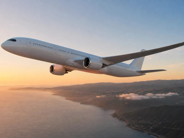 An unbranded ultra-long-range passenger aircraft climbing above a coastal route at sunrise