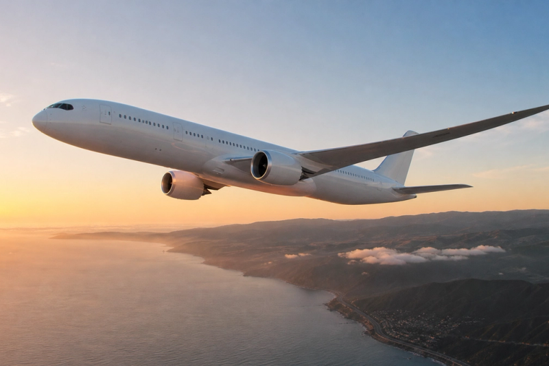 An unbranded ultra-long-range passenger aircraft climbing above a coastal route at sunrise
