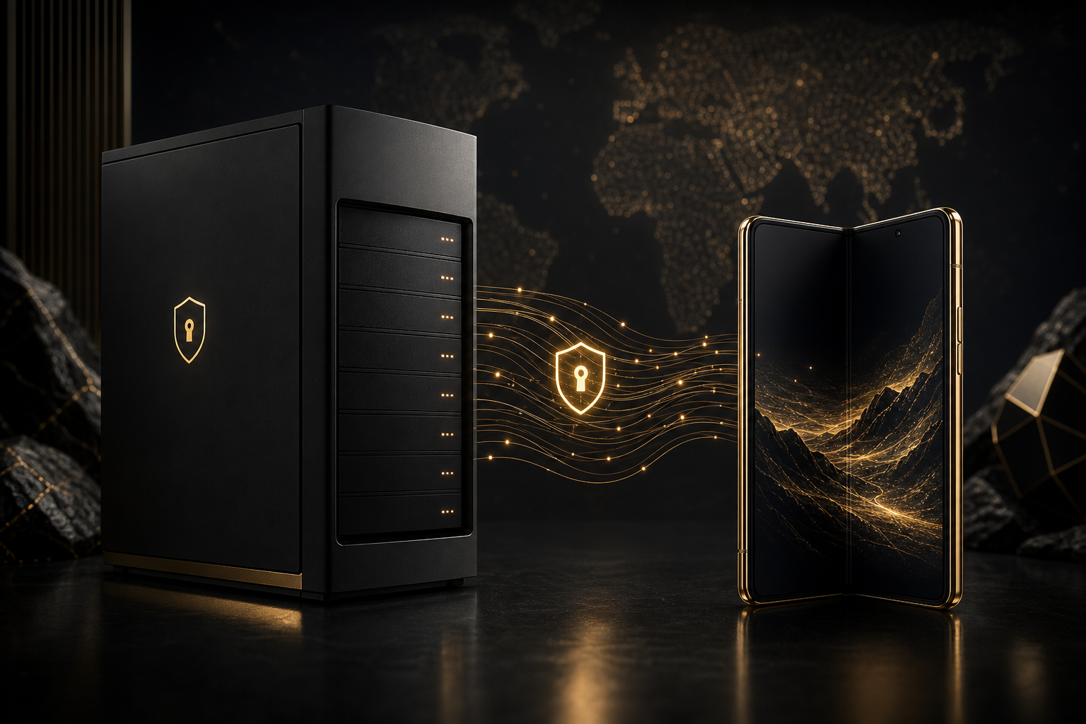 Sovereign server silhouette with foldable phone at edge — encrypted data streams
