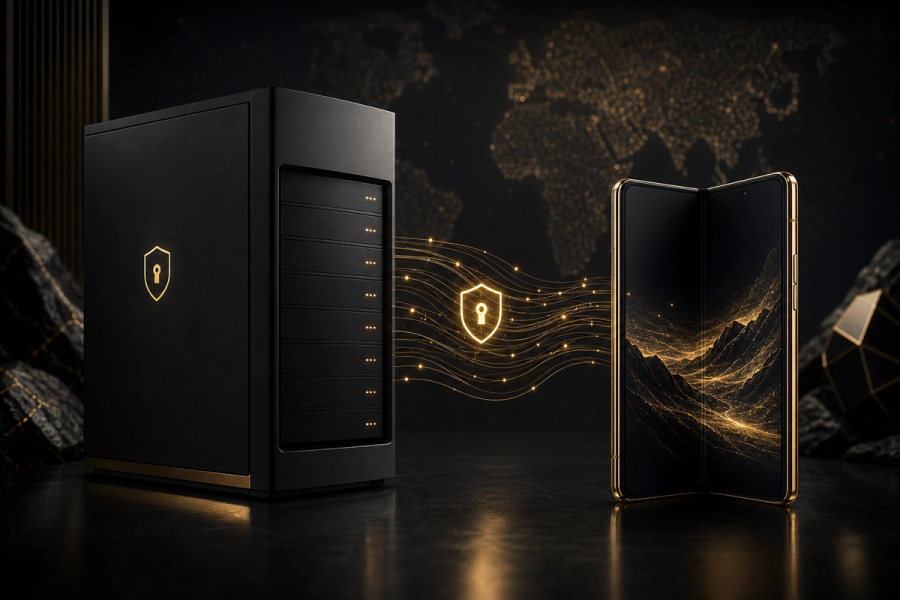 Sovereign server silhouette with foldable phone at edge — encrypted data streams