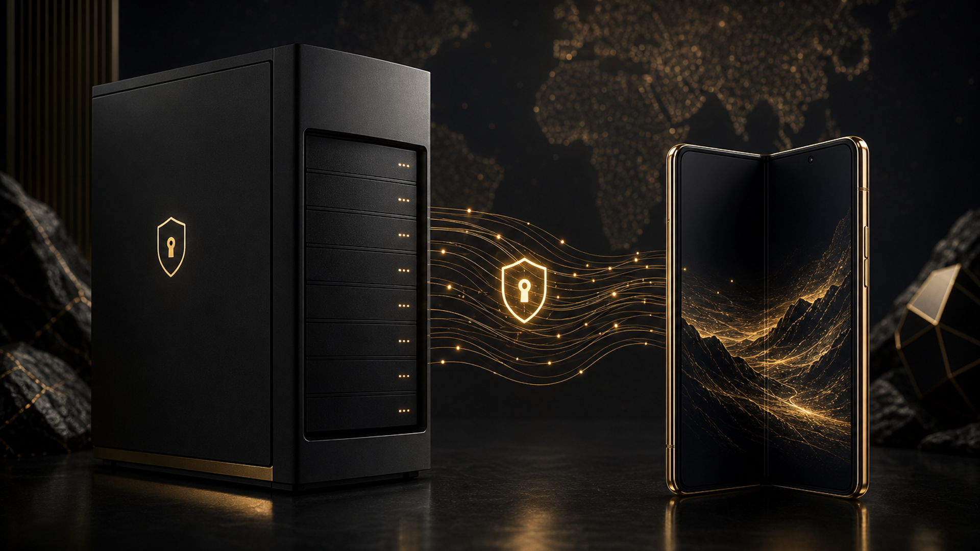 Sovereign server silhouette with foldable phone at edge — encrypted data streams