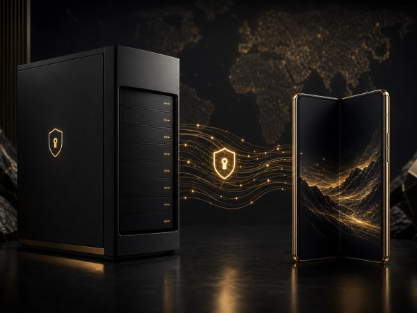 Sovereign server silhouette with foldable phone at edge — encrypted data streams