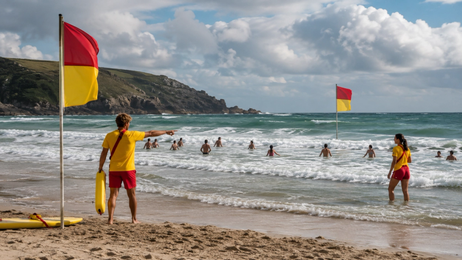 Lifeguards supervise swimmers between safety flags at a Cornish beach