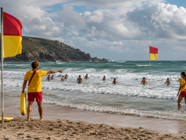 Lifeguards supervise swimmers between safety flags at a Cornish beach