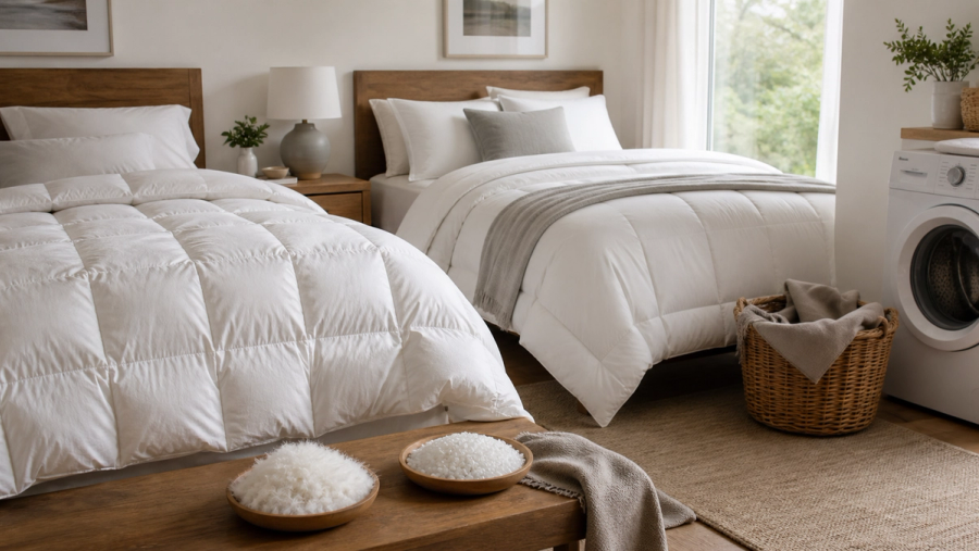 Down vs Synthetic Duvet shown in a practical side-by-side comparison