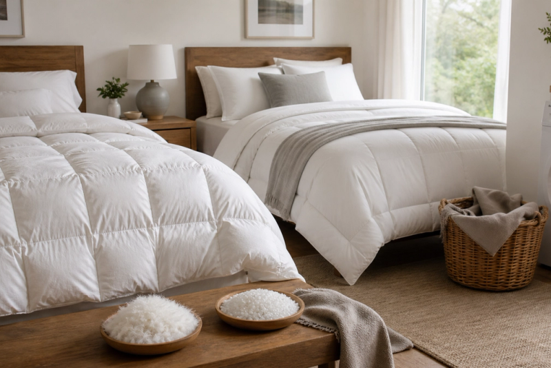 Down vs Synthetic Duvet shown in a practical side-by-side comparison