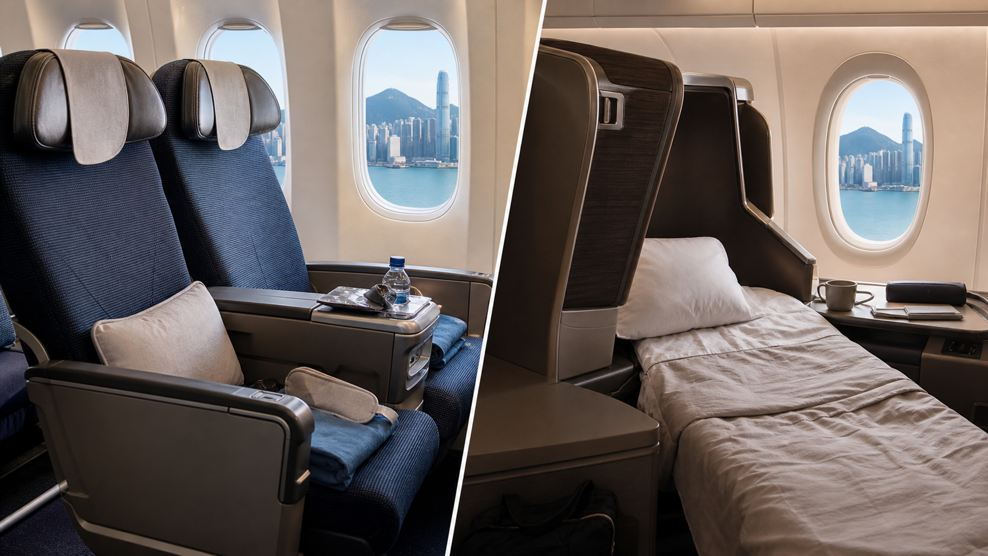 Premium Economy recliner and Business flat-bed seat compared on a Hong Kong journey