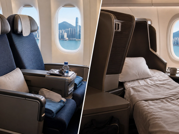 Premium Economy recliner and Business flat-bed seat compared on a Hong Kong journey