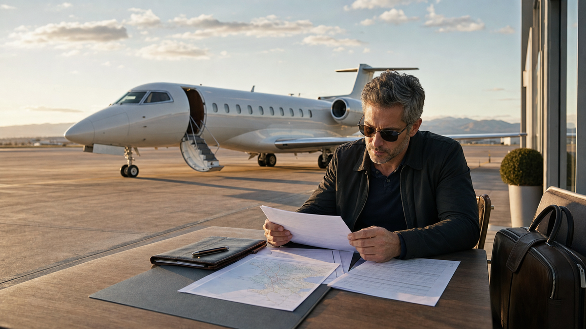 Traveller reviewing an empty-leg private jet contract and backup itinerary beside a waiting aircraft