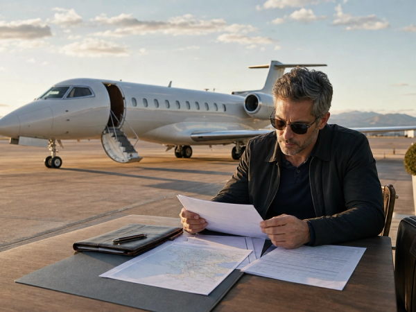 Traveller reviewing an empty-leg private jet contract and backup itinerary beside a waiting aircraft