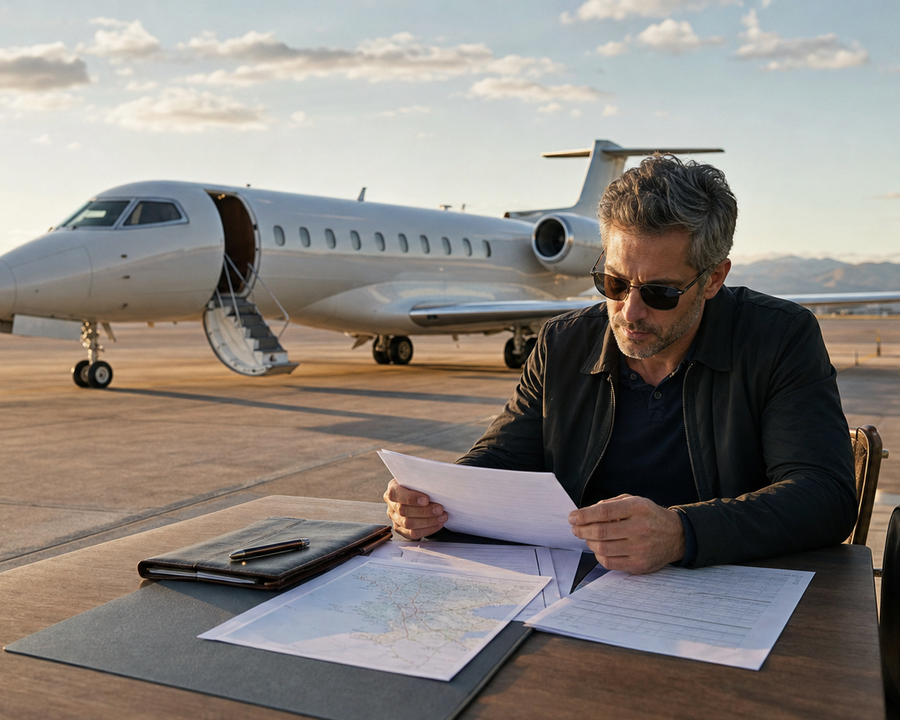 Traveller reviewing an empty-leg private jet contract and backup itinerary beside a waiting aircraft