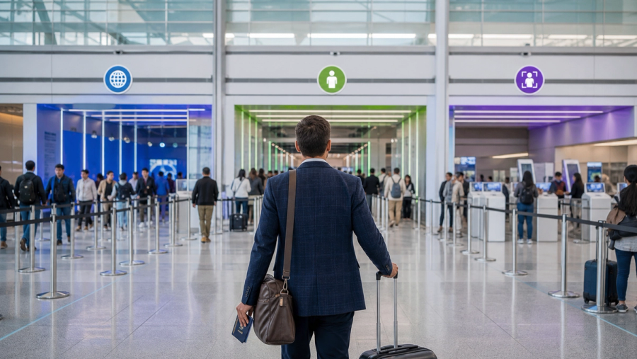 A frequent traveller comparing three airport identity and security routes on a simple decision card beside a passport and carry-on at a US terminal