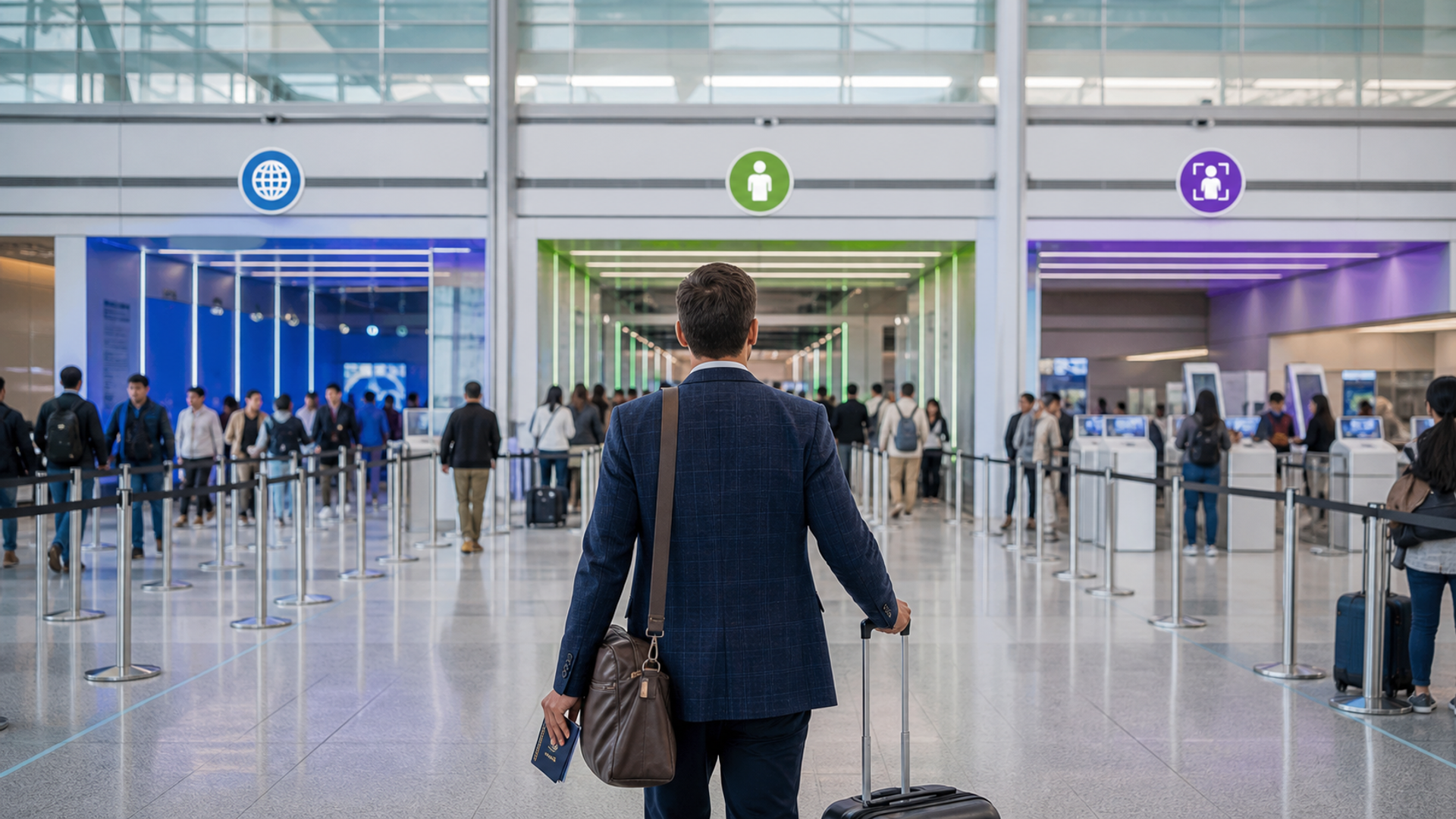 A frequent traveller comparing three airport identity and security routes on a simple decision card beside a passport and carry-on at a US terminal