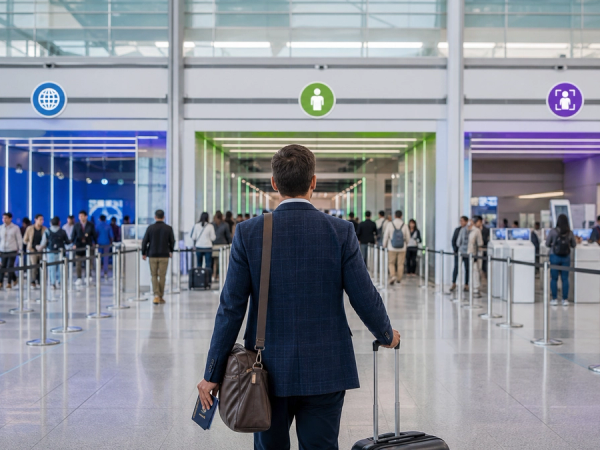 A frequent traveller comparing three airport identity and security routes on a simple decision card beside a passport and carry-on at a US terminal