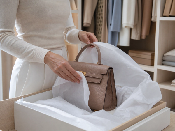 A structured leather handbag being stored with acid-free tissue in a cool ventilated dressing room