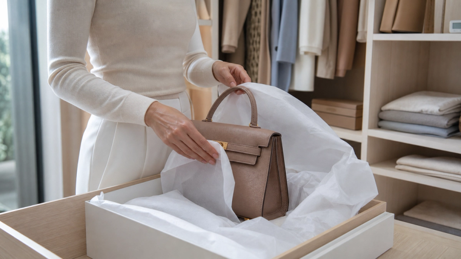 A structured leather handbag being stored with acid-free tissue in a cool ventilated dressing room