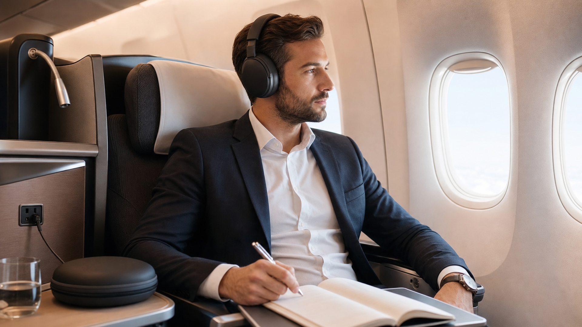Long-haul traveller wearing over-ear headphones with carry case and seat power visible