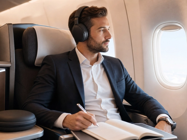 Long-haul traveller wearing over-ear headphones with carry case and seat power visible
