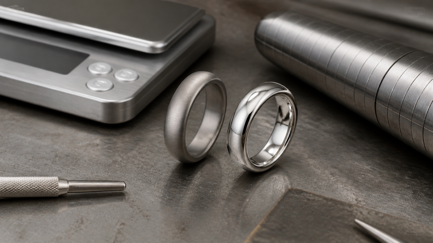 Titanium and platinum rings compared beside a scale and sizing mandrel