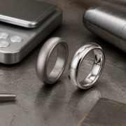Titanium and platinum rings compared beside a scale and sizing mandrel