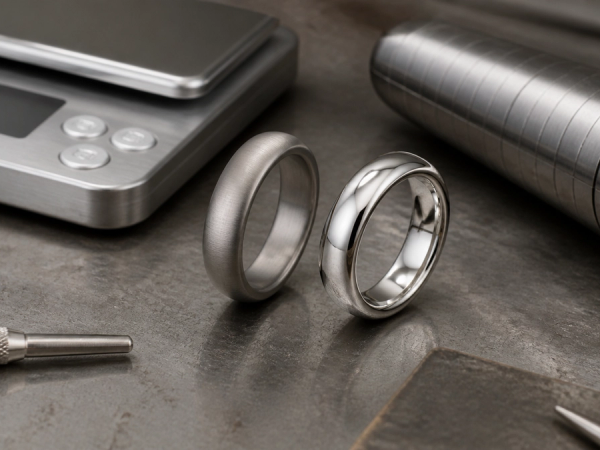 Titanium and platinum rings compared beside a scale and sizing mandrel