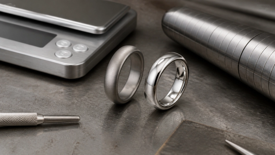 Titanium and platinum rings compared beside a scale and sizing mandrel