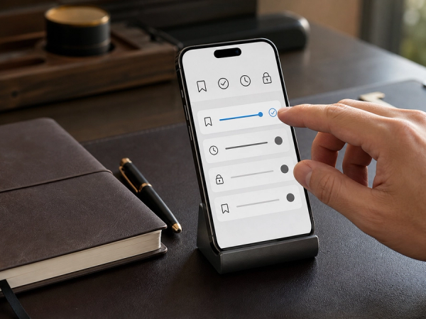 Private phone displaying a four-part AI memory control panel beside a closed travel notebook