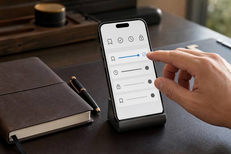 Private phone displaying a four-part AI memory control panel beside a closed travel notebook