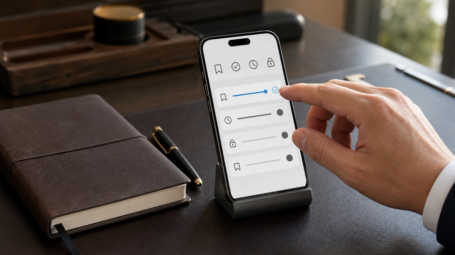 Private phone displaying a four-part AI memory control panel beside a closed travel notebook