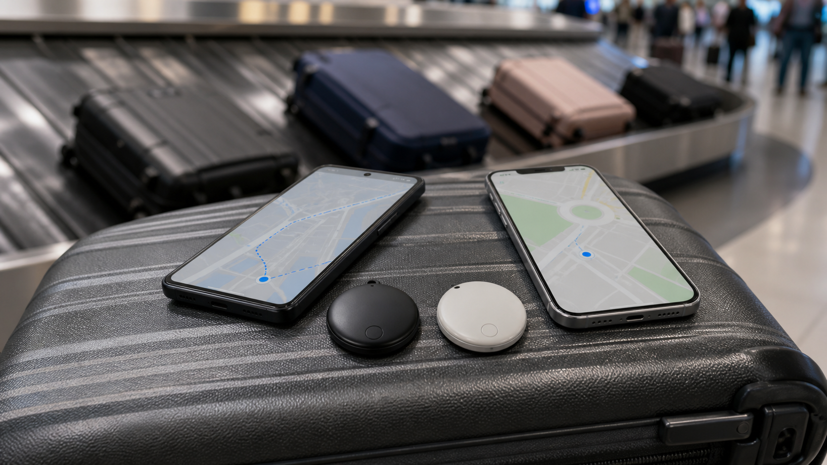 Two luggage trackers compared beside iPhone and Android travel phones