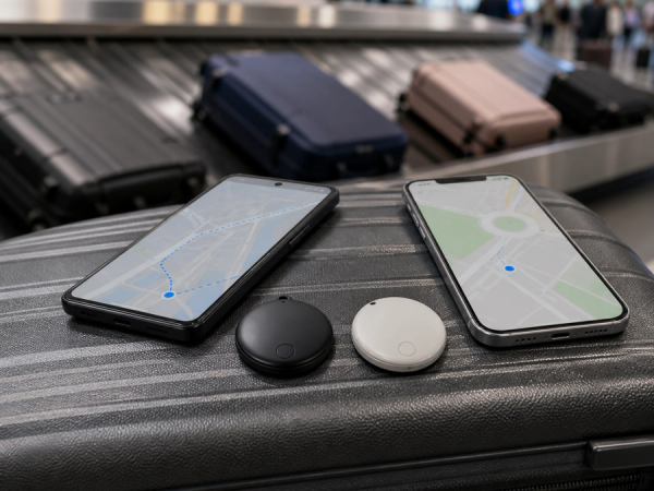 Two luggage trackers compared beside iPhone and Android travel phones