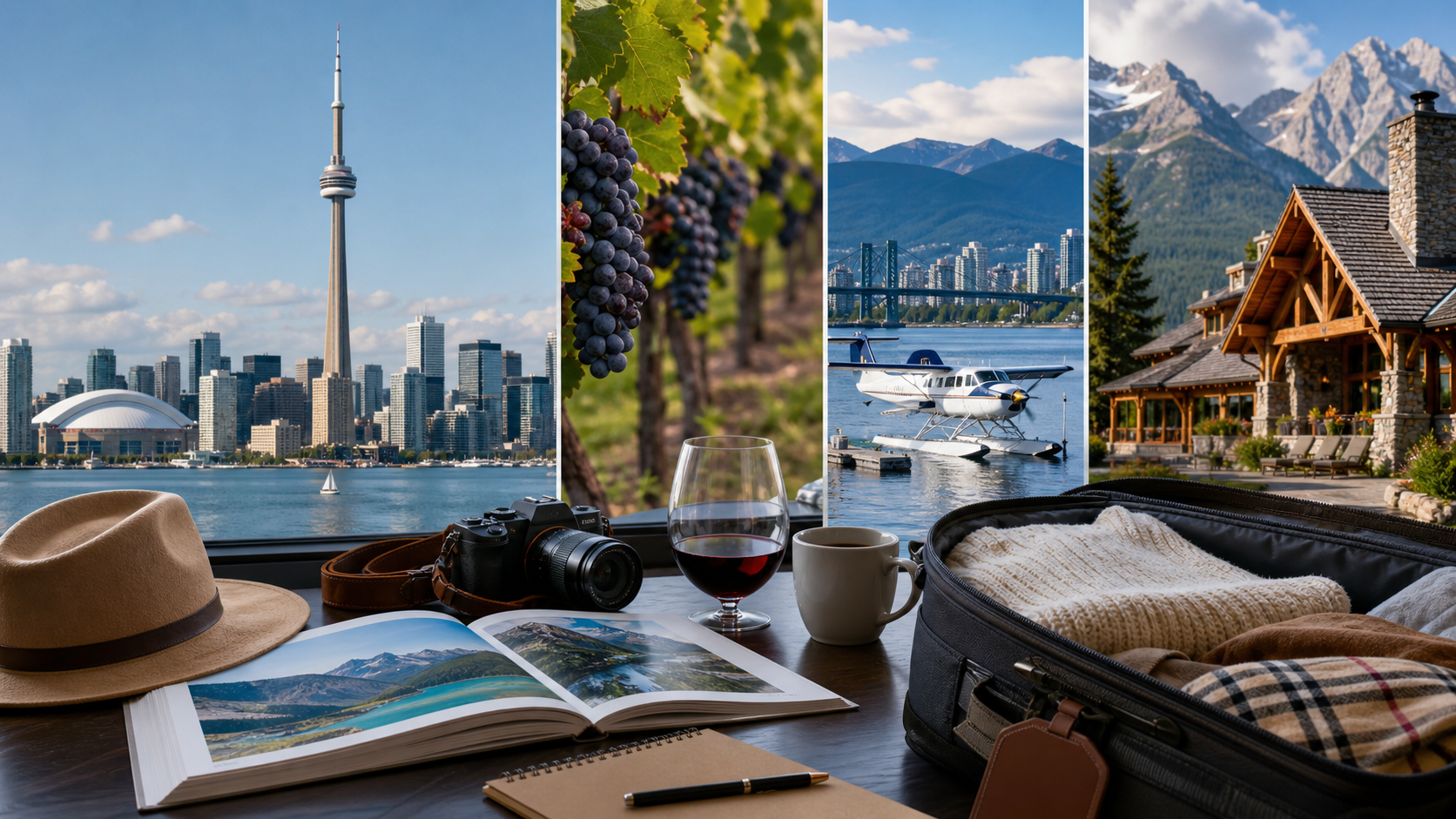 Luxury Canada route planning scene combining a city skyline, vineyard, harbour seaplane and mountain lodge