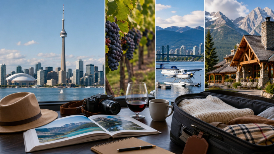 Luxury Canada route planning scene combining a city skyline, vineyard, harbour seaplane and mountain lodge