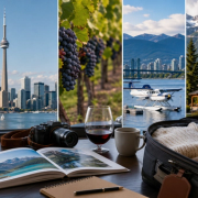 Luxury Canada route planning scene combining a city skyline, vineyard, harbour seaplane and mountain lodge