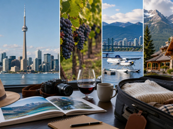 Luxury Canada route planning scene combining a city skyline, vineyard, harbour seaplane and mountain lodge