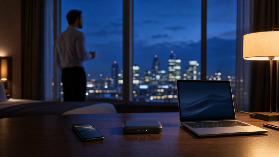 Phone hotspot, travel router and laptop arranged on an executive hotel-room desk