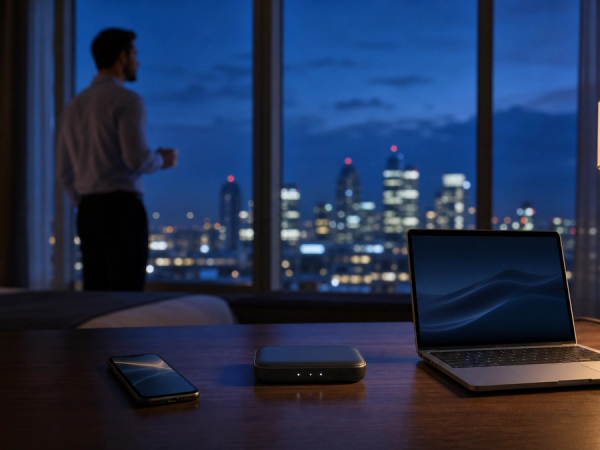 Phone hotspot, travel router and laptop arranged on an executive hotel-room desk