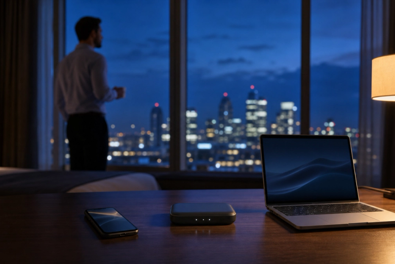Phone hotspot, travel router and laptop arranged on an executive hotel-room desk