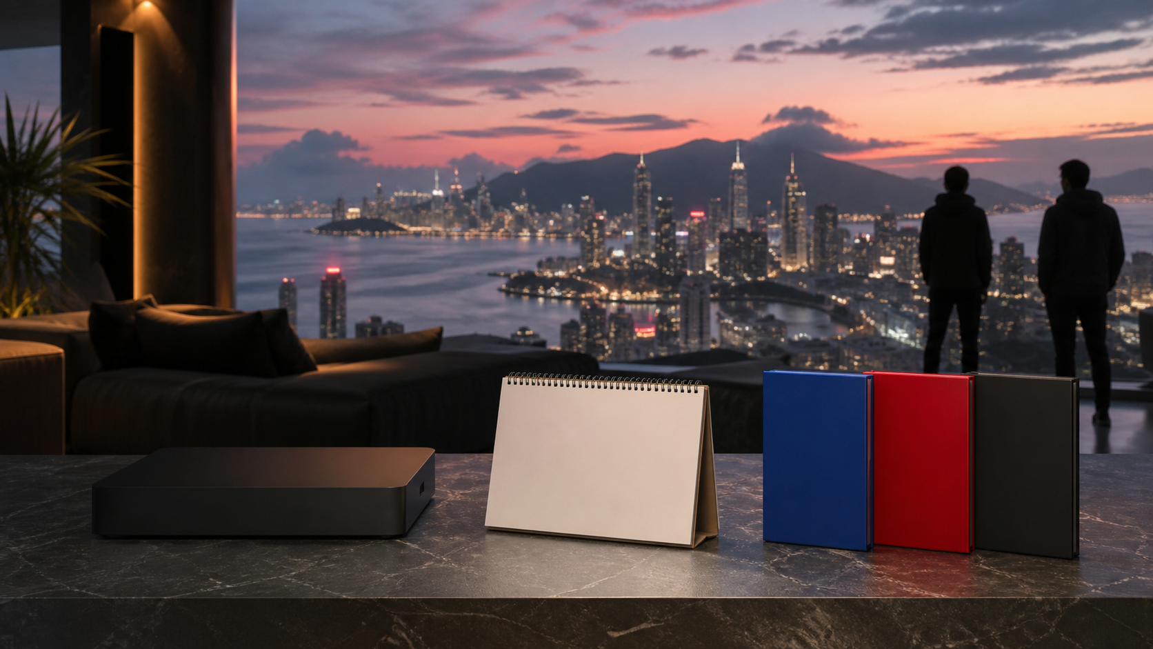 Premium gaming lounge overlooking a fictional coastal city with a blank calendar and three edition cases