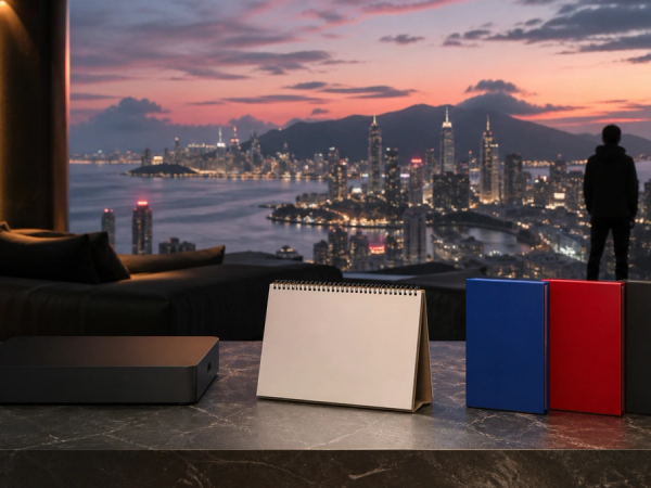 Premium gaming lounge overlooking a fictional coastal city with a blank calendar and three edition cases